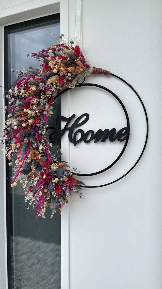 Trockenblumenhoop bunt mit "Home" oder "Family" Metallring